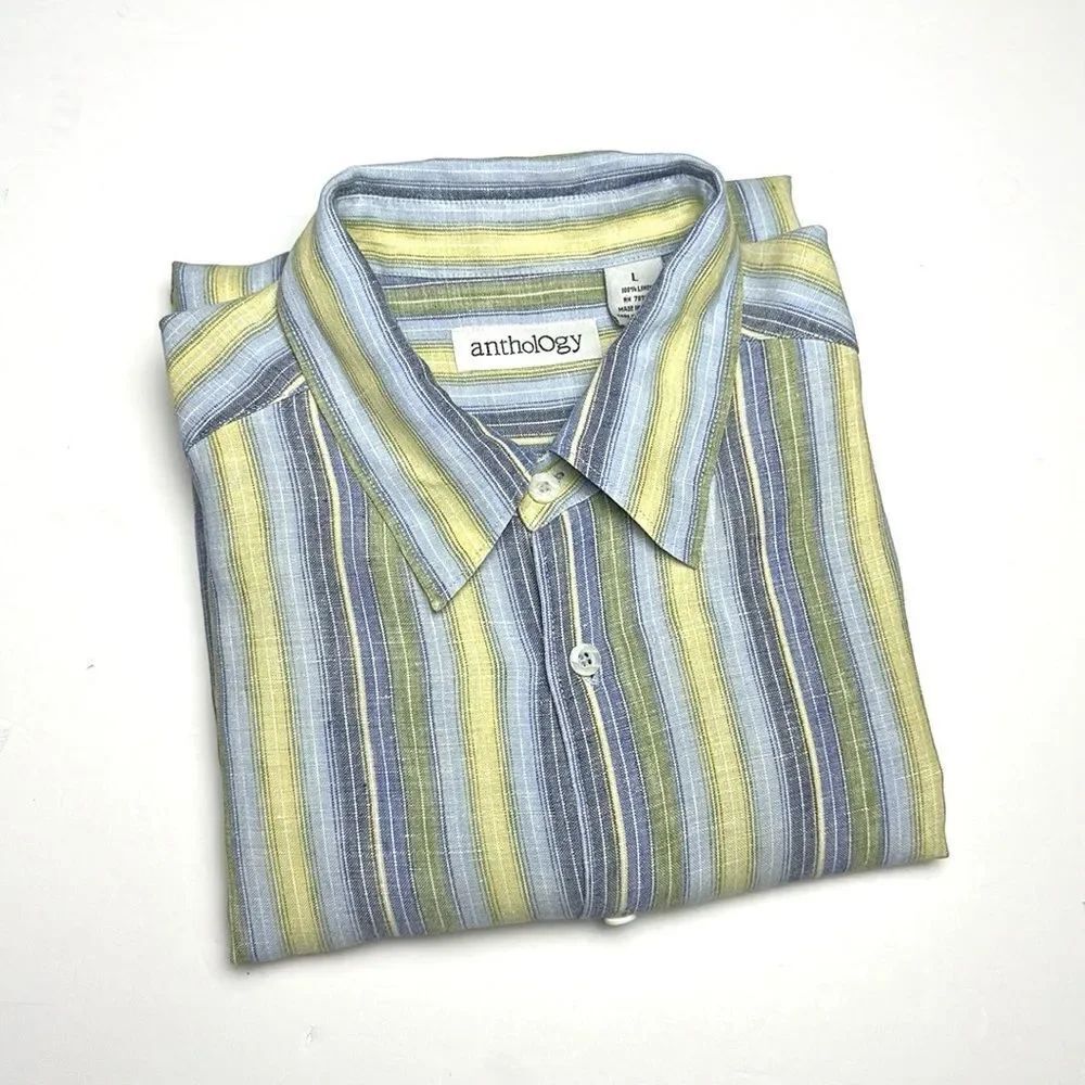 Anthology Linen Shirt Button Down Striped Yellow Gray Blue Long Sleeve L